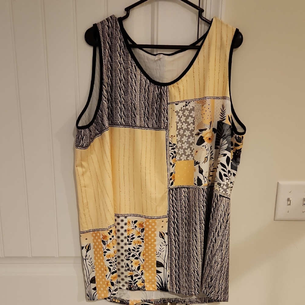 Yellow and Cream Graphic Tank Top with Asymmetrical Design